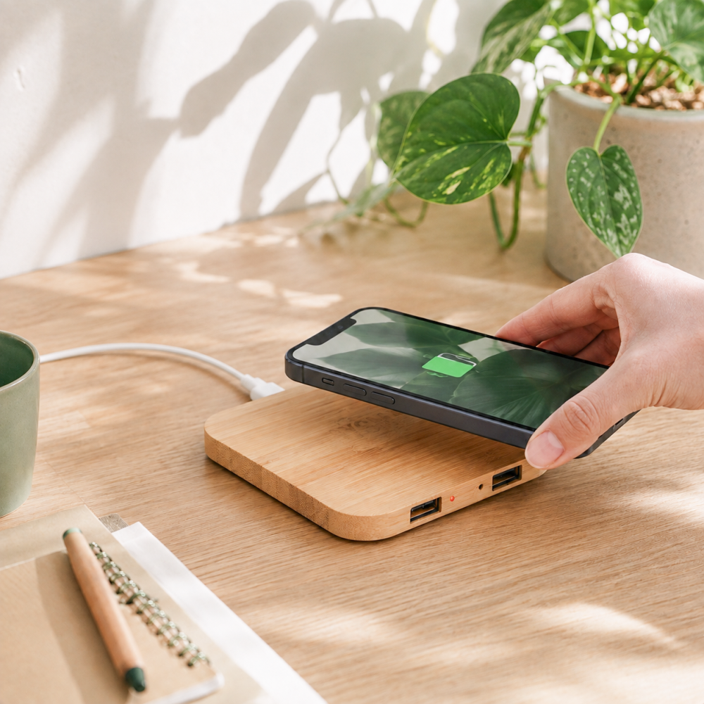 Wireless bamboo phone charger as sustainable desk gift