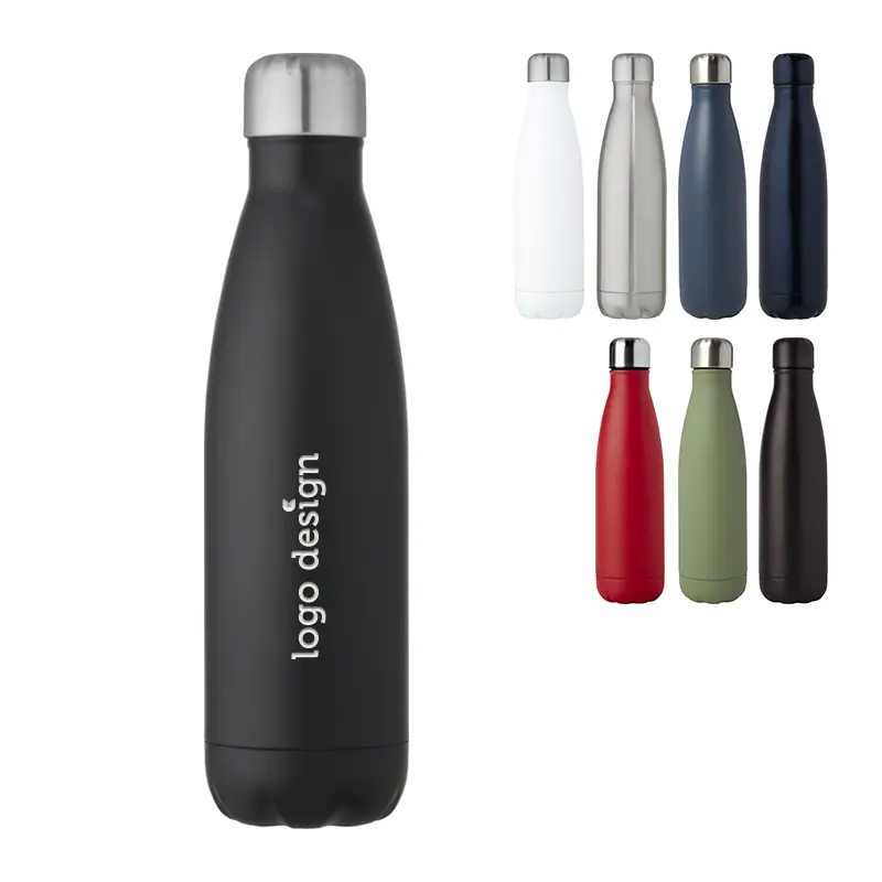 Double-walled thermos bottle with tea filter and printed logo
