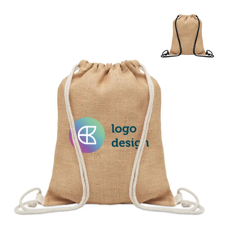 Jute backpack with drawstring closure and beige or black cord