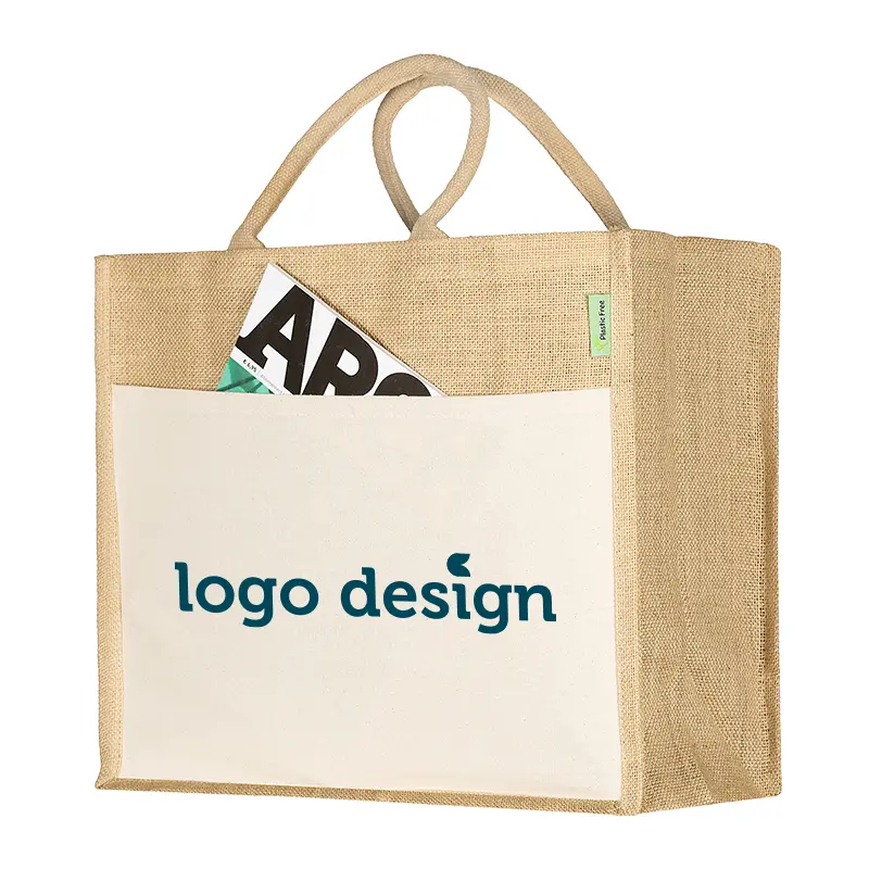 Jute shopper with front pocket and plastic free label