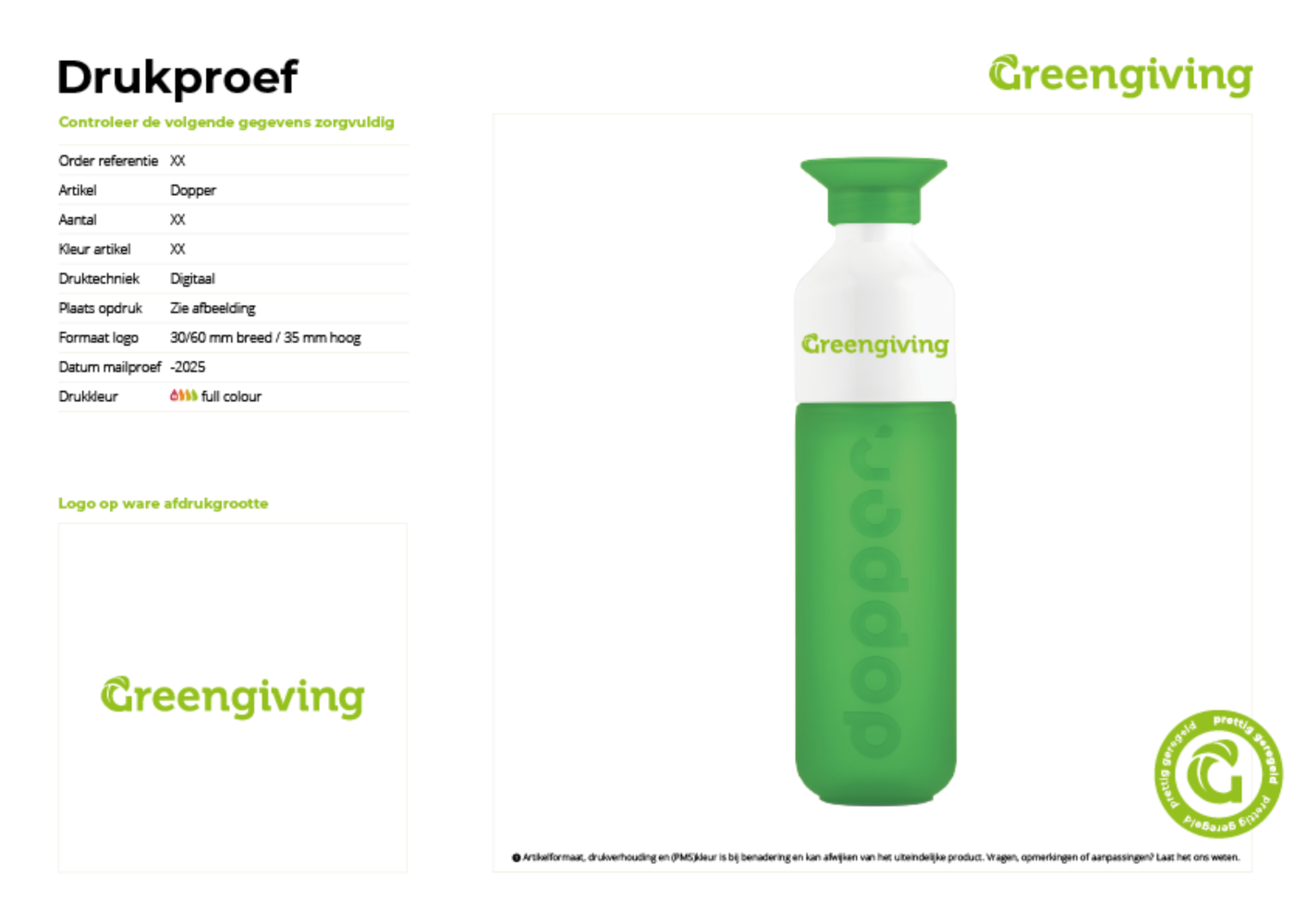 Digital print proof of a Dopper promotional gift with Greengiving logo and printing details